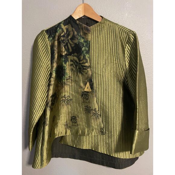 IC by Connie K Jacket Womens Medium Olive Green Pleated Asymmetric Floral READ - Picture 1 of 6